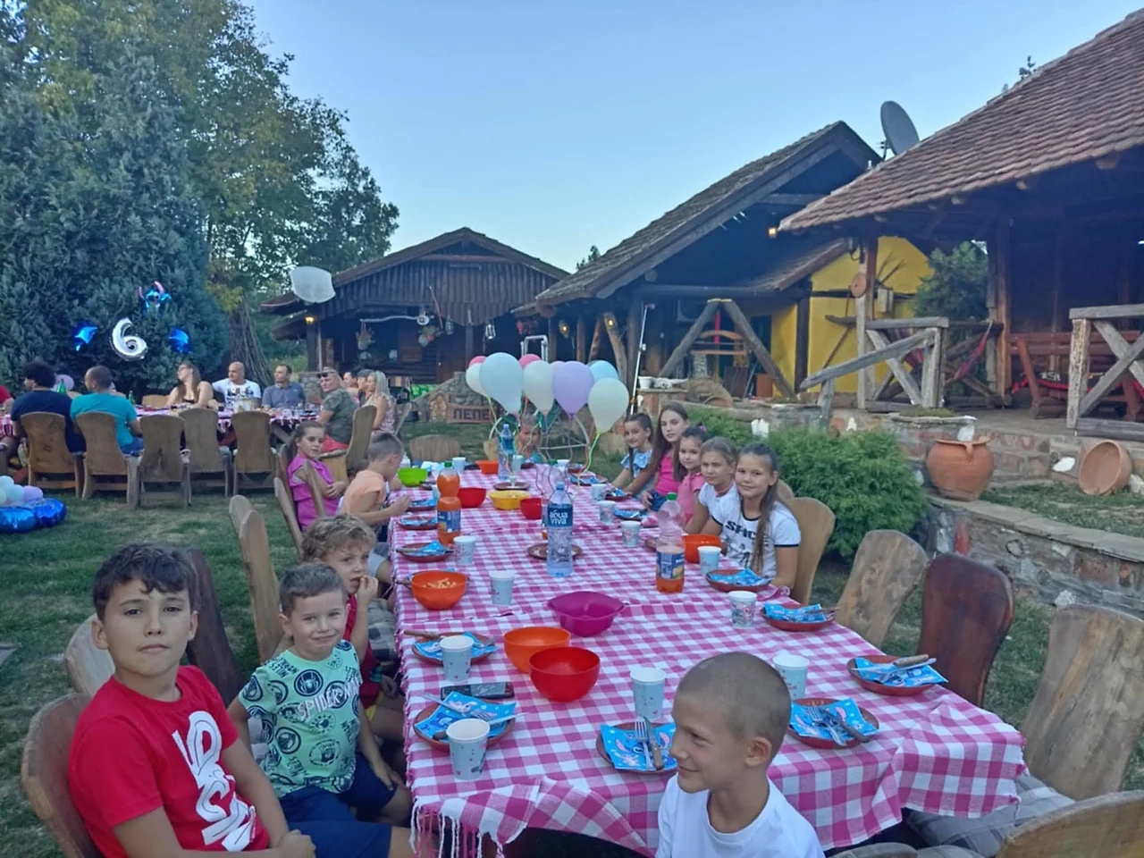 Dečija proslava za dugačkim stolom u bašti