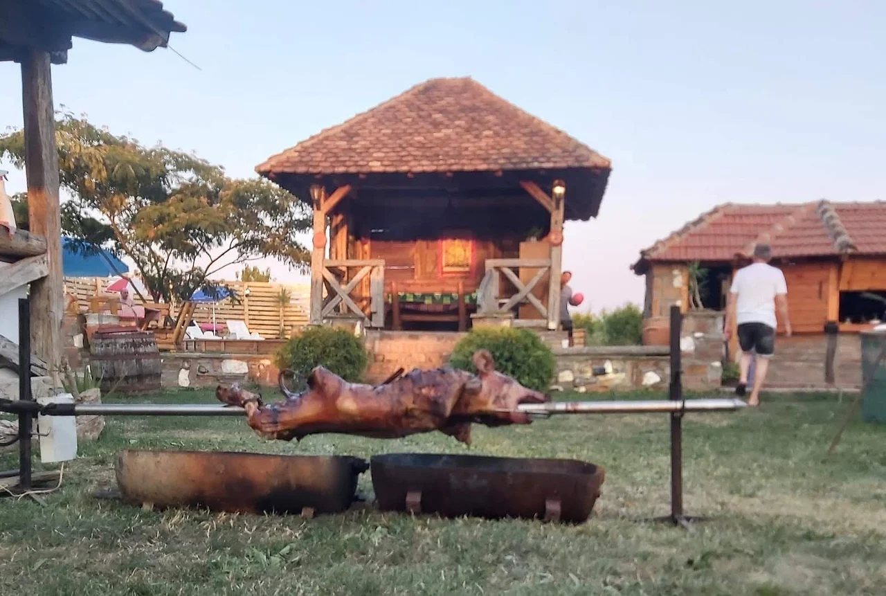 Pečenje na ražnju u bašti u zalazak sunca